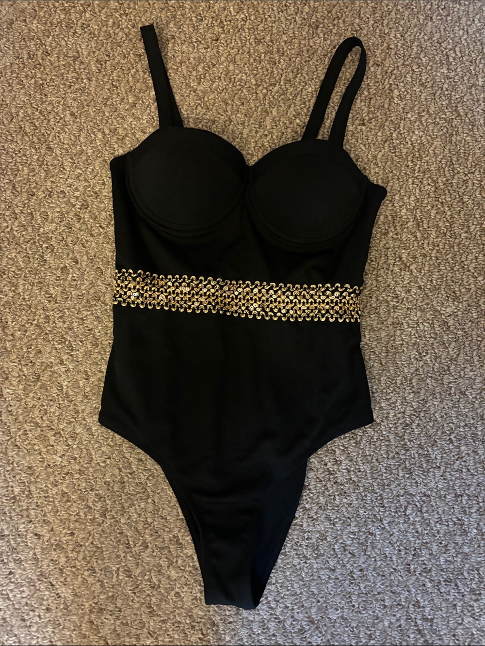 Source Unknown Black One-Piece Swimsuit with Gold Chain Detail